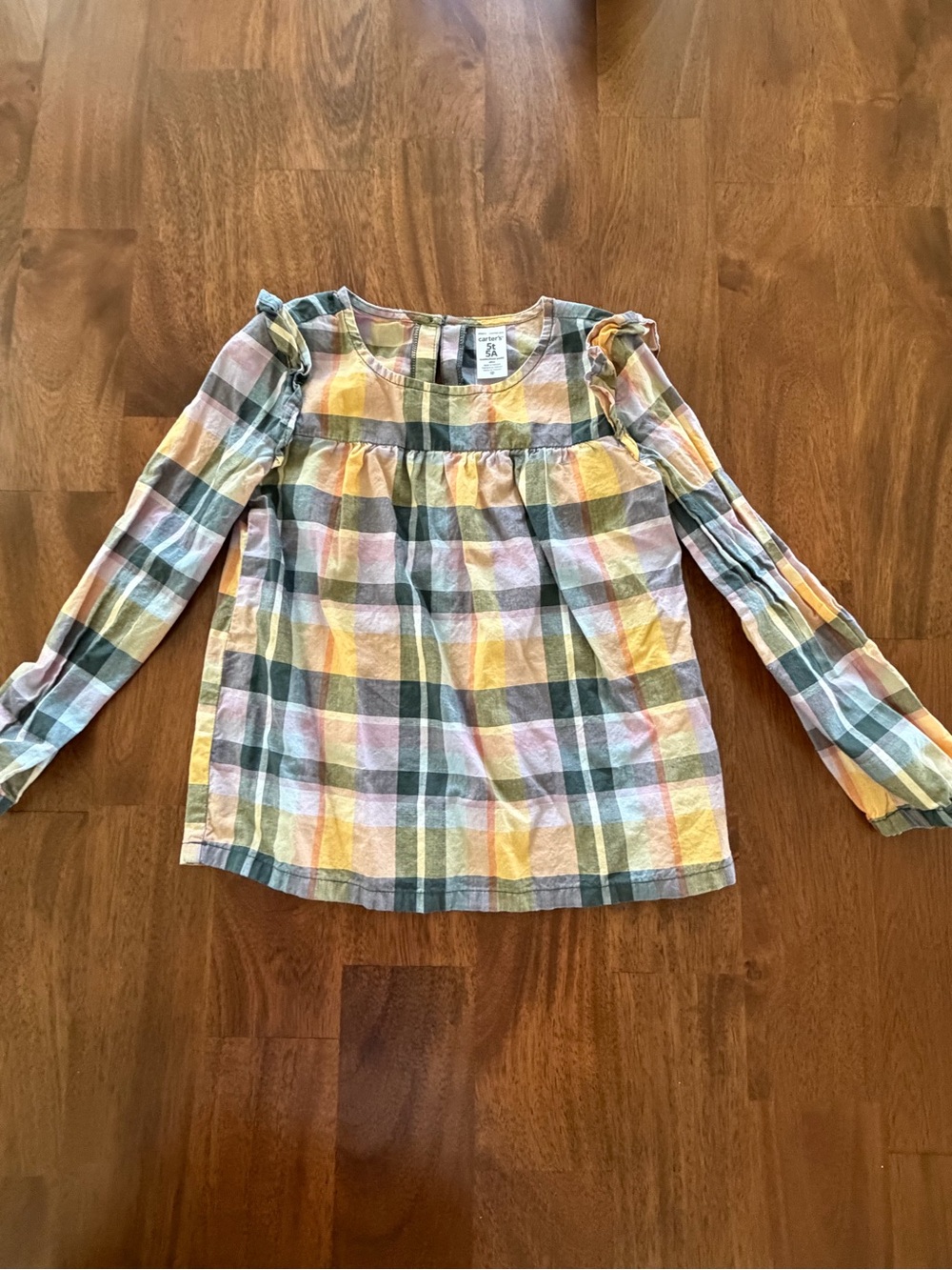 Carter's Plaid Ruffle Shoulder Top - Pastel Yellow, Pink, Green